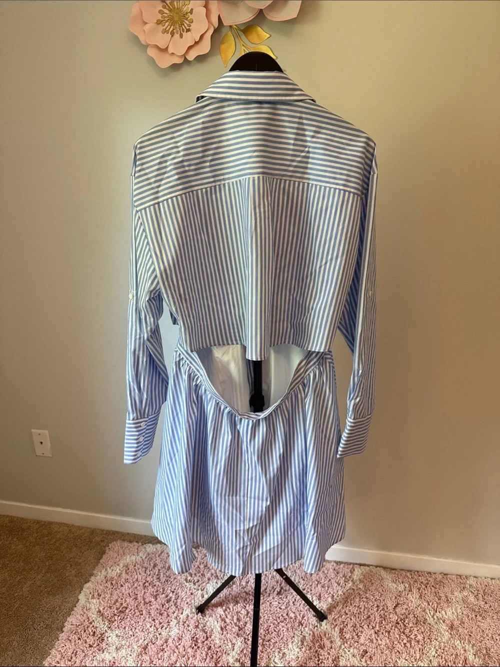 Striped Blue and White Shirt Dress - Women's Casual Collared Dress - Picture 3 of 3